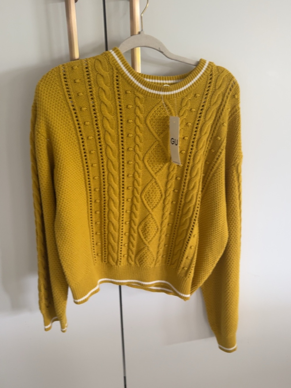 Mustard Yellow Cable-Knit Crewneck Sweater with Contrast Trim